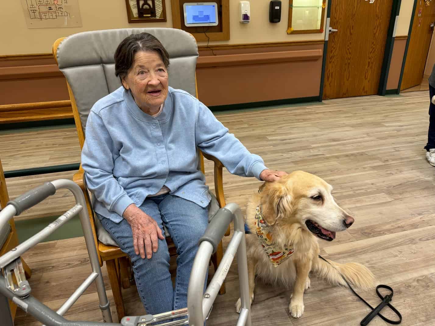 Elderly woman with therapy dog indoors.