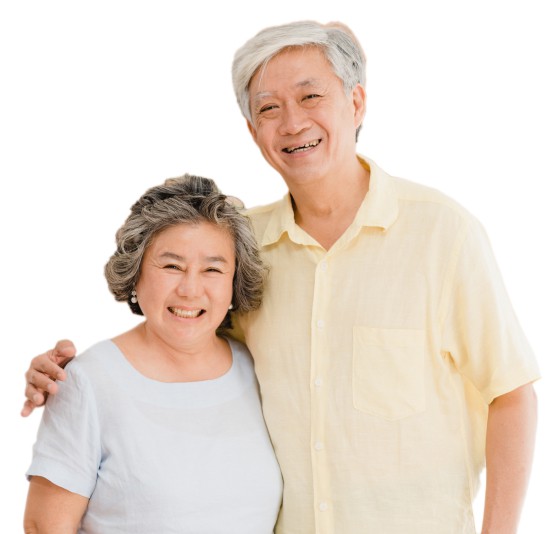 Happy elderly couple smiling together, white background