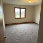 Empty room with carpet and window looking out to field.