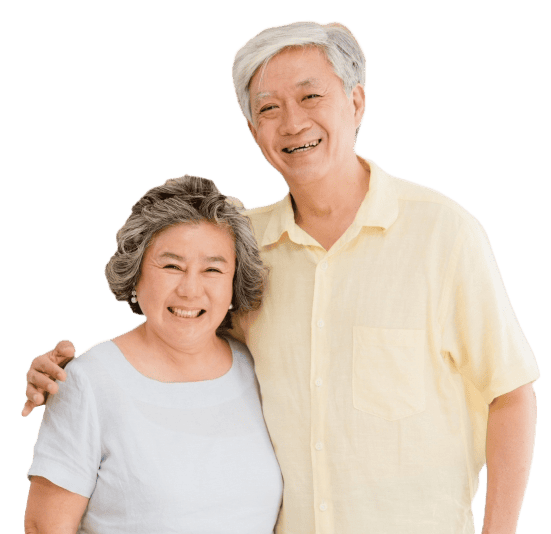 Smiling elderly couple posing together.