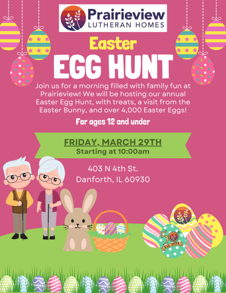 Easter egg hunt event advertisement with date and location.